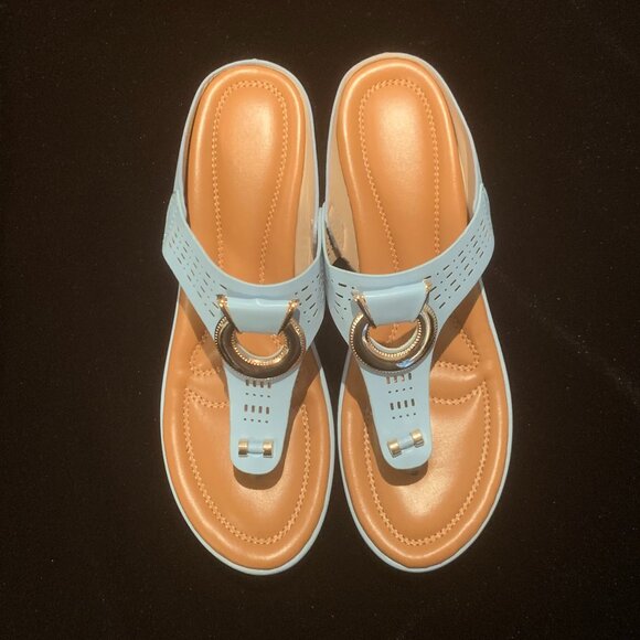 Size 8 Baby Blue and Tan Sole Sandal with Wedge - Picture 3 of 3